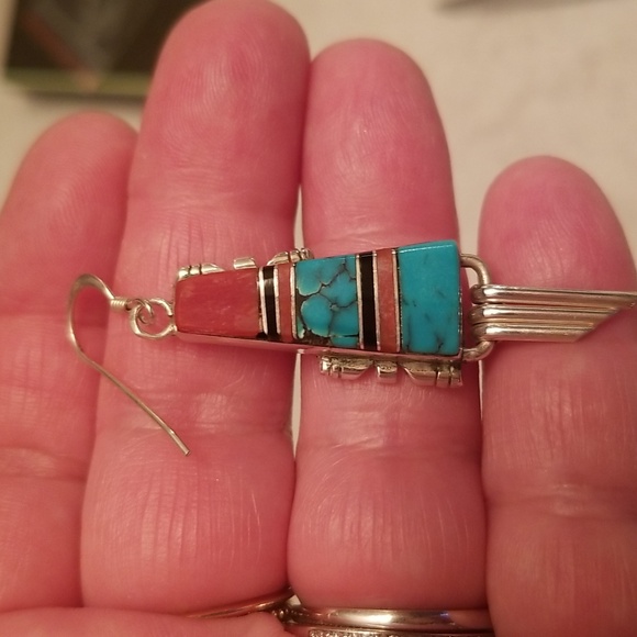 Genuine Spiny Oyster, Onyx, Turquoise and Sterling Silver Earrings. - Picture 2 of 4